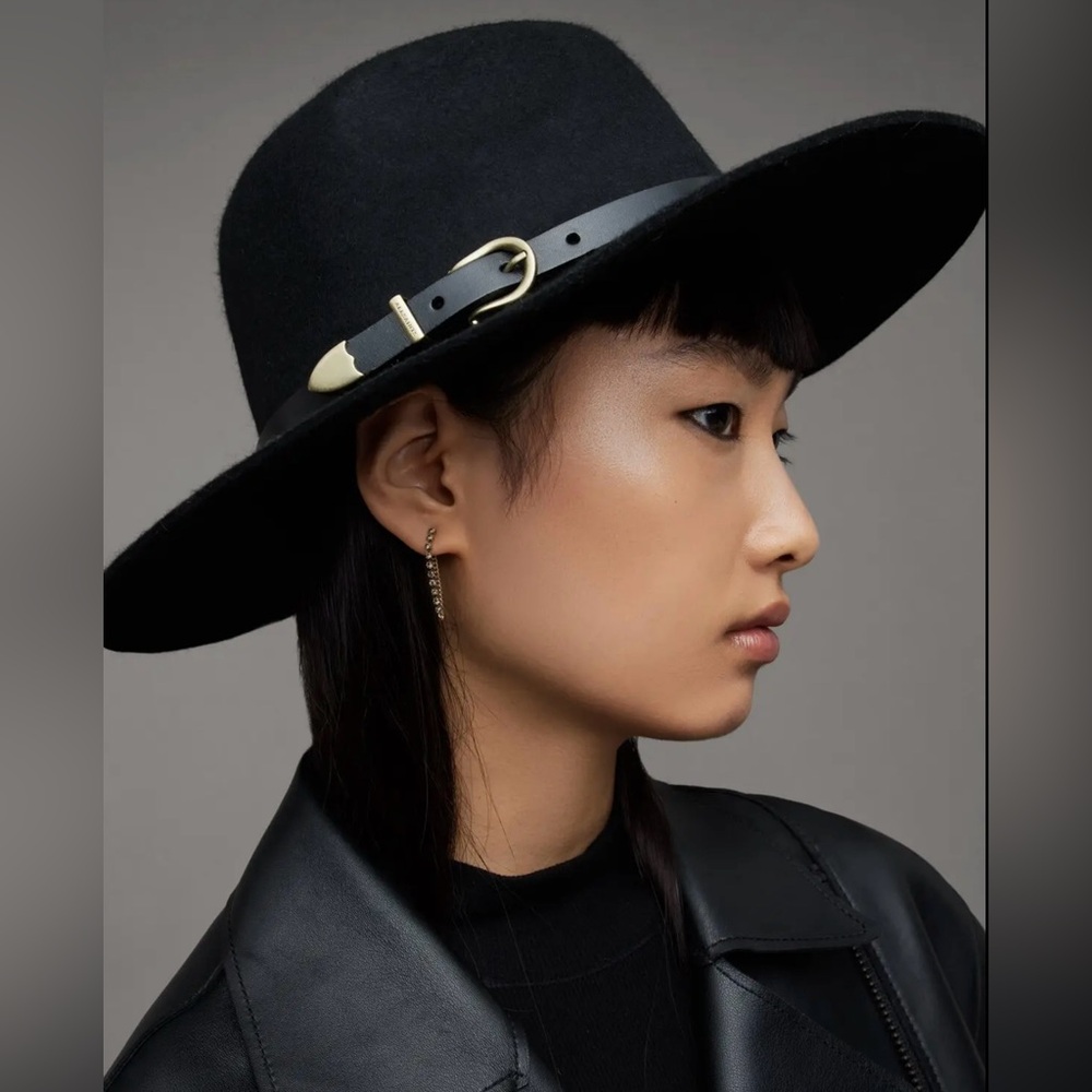 ALL SAINTS black Matilda buckled wool fedora hat in excellent conditions